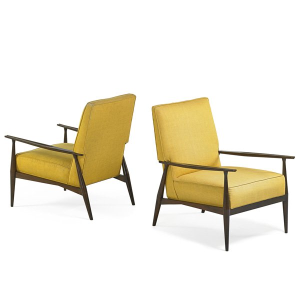 PAUL McCOBB Pair of lounge chairs: PAUL McCOBB (1917 - 1969) CALVIN Pair of lounge chairs, Grand Rapids, MI, 1950s; Stained wood, upholstery; Unmarked; 33 1/2" x 25" x 34"