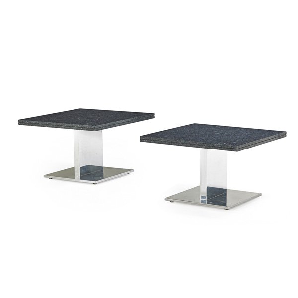 WARREN PLATNER Pair of occasional tables: WARREN PLATNER (1919 - 2006) LEHIGH LEOPOLD Pair of occasional tables, USA, 1970s; Chromed steel, granite; Unmarked; 18 1/2" x 30" sq. Provenance: Wright, Modern + Contemporary Design, March 2006