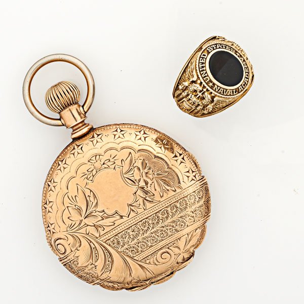 GENTLEMEN'S POCKET WATCH AND CLASS RING: American Waltham Watch Co. four bodied pocket watch with engraved scrolling foliate design throughout with vacant cartouche, white dial with Roman and Arabic numerals, sub seconds dial, stem wound pin