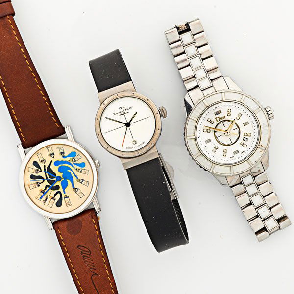 THREE LADIES QUARTZ WRISTWATCHES: Porsche titanium, 25mm.; Dior stainless steel crystal bracelet watch, white dial with 8 diamond hours, date aperture at 4:30, 33 mm.; Lito Arman watch, 33 mm.
