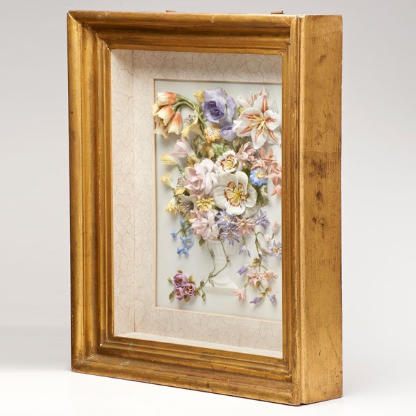 PORCELAIN FLOWERS: Decorative arrangement in shadow box frame, mid 20th c.; Unmarked; 19" x 16 1/4" x 3 3/4"