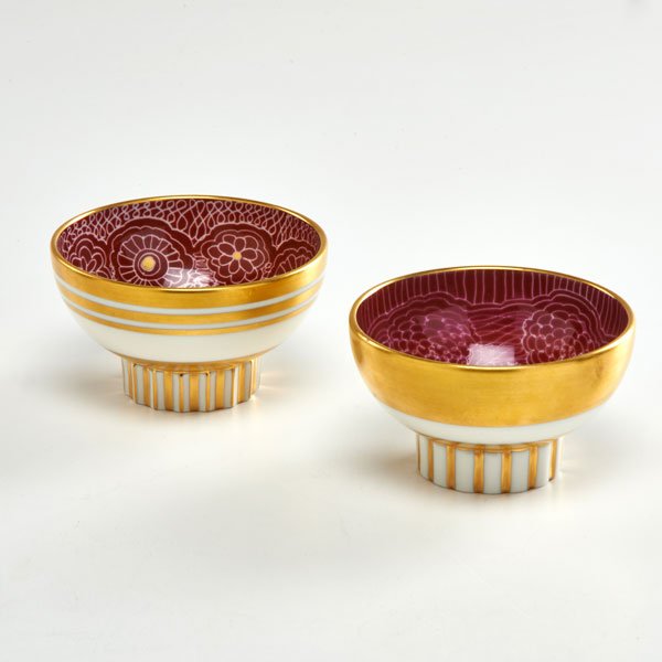 SIMON LISSIM; LENOX: Pair of salt cellars in "Watercolor" pattern, 1960s; Both signed, stamped, and numbered; Each: 2" x 3 1/4" dia.
