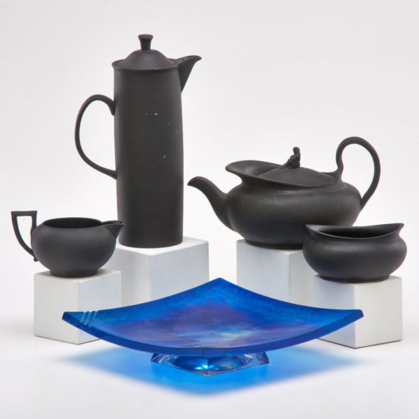 WEDGWOOD, DAUM: Contemporary four-piece basalt tea and coffee set in Deco style, England; porcelain with matte and high gloss glazes; together with Daum blue glass dish, France; All marked; Coffee pot: 10 1/4" x 4 1/