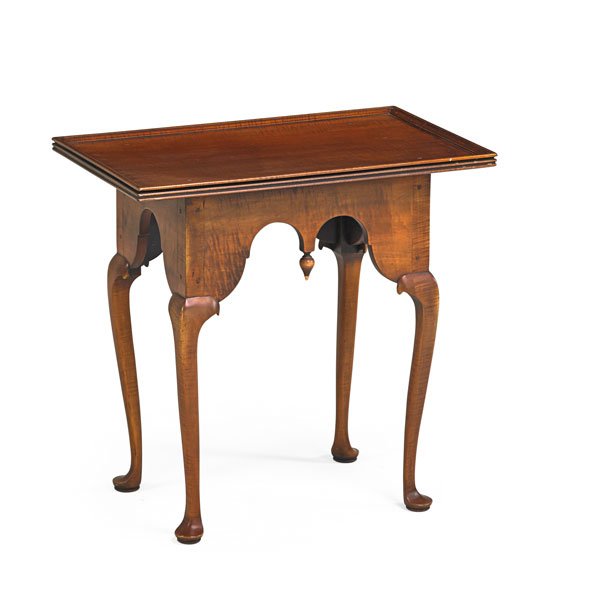 ELDRIDGE WHEELER TAVERN TABLE: Queen Anne style, pad feet, 20th c.; Curly maple; 29" x 29 3/4" x 18 1/2"
