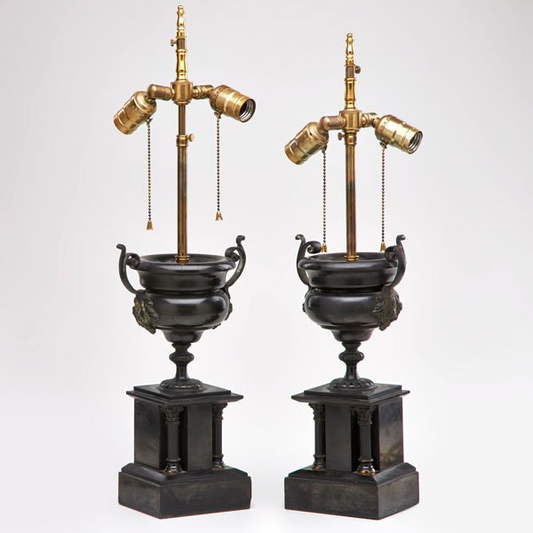 NEOCLASSICAL: Pair of urn table lamps, 20th c; Marble, plaster, mixed metals, resin, brass fittings; Unmarked; 23 1/2" x 6 3/4"