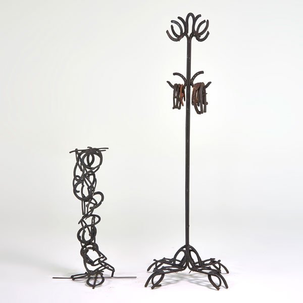 FOLK ART: Two pieces crafted of horseshoes: coat rack and pedestal, 20th c.; Painted iron; Unmarked; Coat rack: 74" x 31" square