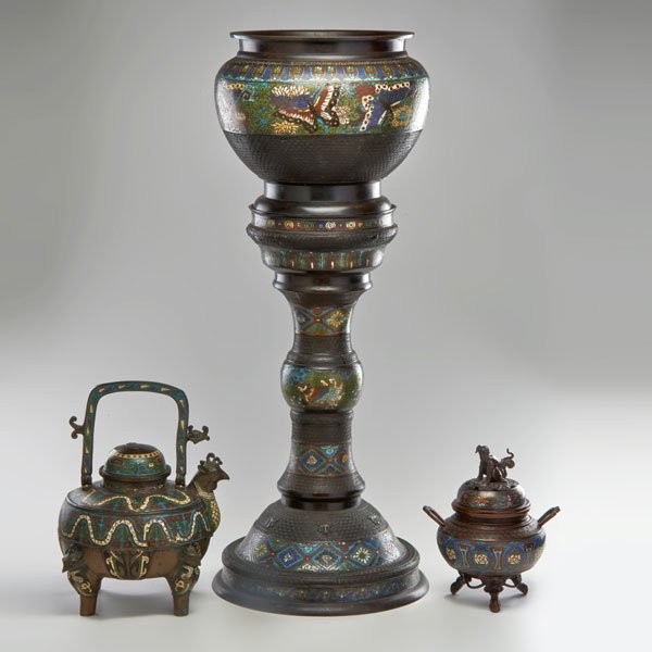 CHINESE CHAMPLEVE: Three pieces: jardiniere and pedestal, four-footed vessel, and incense burner, late 19th-early 20th c.; Bronze and enamel; Unmarked; Tallest: 36" x 14" dia.