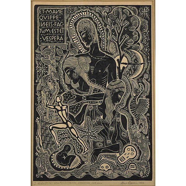 ALFONSO OSSORIO (Filipino, 1916-1990): Woodcut; "Augustini Confessionum Liber Year," 1936 (framed); Signed & dated; 11 5/8" x 8 3/8" (sight)