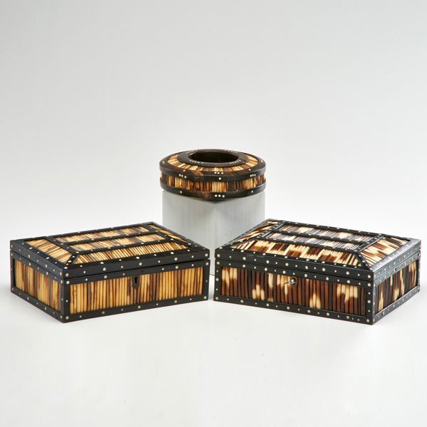 ANGLO-INDIAN QUILL PIECES: Two boxes and one nut bowl, each with ebony frame, quill inserts and bone inlay and knobs, 19th c.; Boxes marked MATARA; Largest: 3 1/4" x 8 1/2" x 6 1/2"