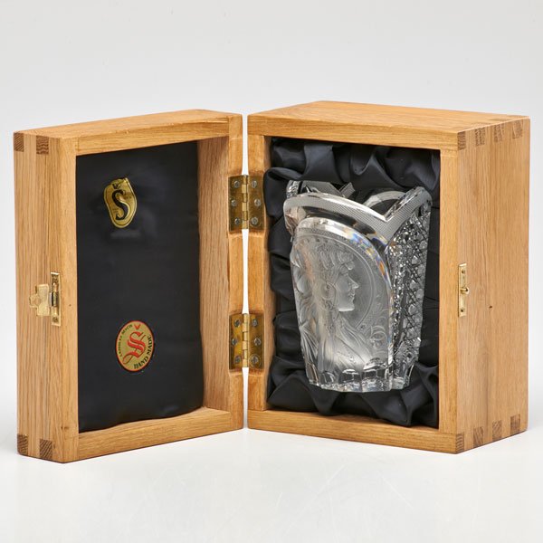 LADISLAV SEVCIK: Cut and etched crystal coupe after Alphonse Mucha in original wood box, Czechoslovakia, late 20th c.; Etched signature; 4 1/4" x 3 1/2" dia.