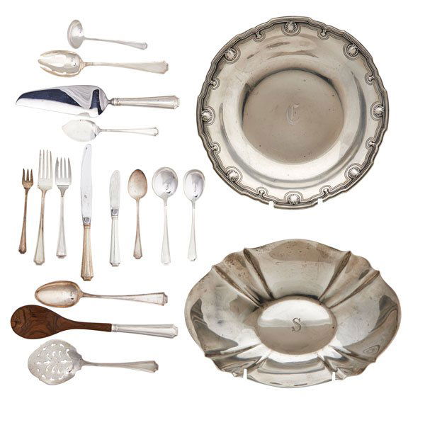 TWO TIFFANY & CO. SILVER BOWLS AND GORHAM FLATWARE: Gorham "Fairfax" sterling utensils: (6) dinner forks, 7"; (11) salad forks, 6 1/2"; (13) teaspoons, 5 3/4"; (7) round soup spoons, 6 1/4"; (11) h.h. knives, 9"; (7) h.h. knives, 6 1/8"; (2) sugar spoo