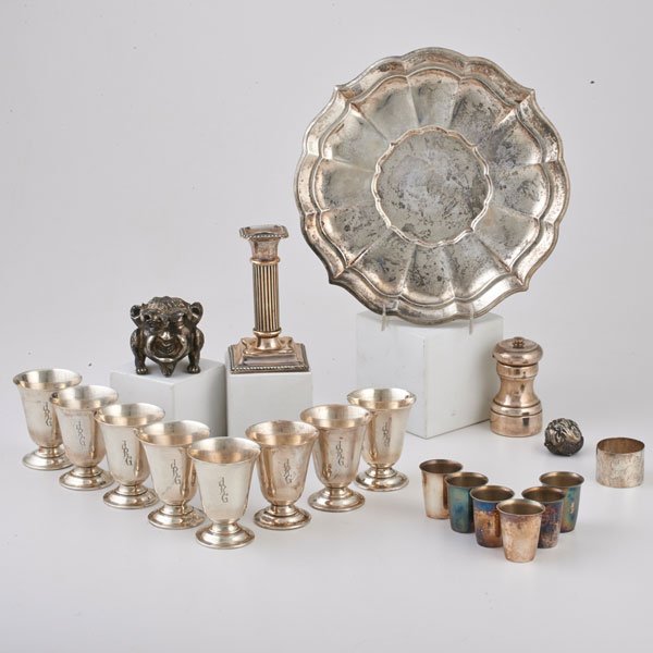 STERLING, SILVER AND SILVER PLATE COLLECTION: Twenty pieces: Reed & Barton "Windsor" platter X959D; (8) Gorham sterling goblets, 3"; (6) German 8355 cordials, 1 3/4"; Bright cut sterling napkin ring; Edwardian sterling reeded candlestick, 4 3/4";