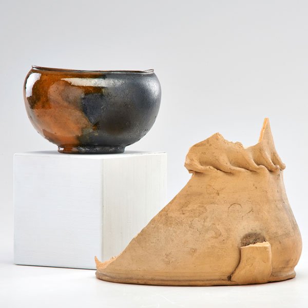 GEORGE OHR: Vessel in gunmetal and ochre glazes, together with fragment of vessel with in-body twist, Biloxi, MS, ca. 1895-96; Both marked; Complete vessel: 3 1/4" x 4 1/2" dia.