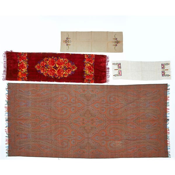 ARTS AND CRAFTS: Two embroidered linen table runners, together with paisley wool Suzani and cut velvet runner; Throw 144" x 72"