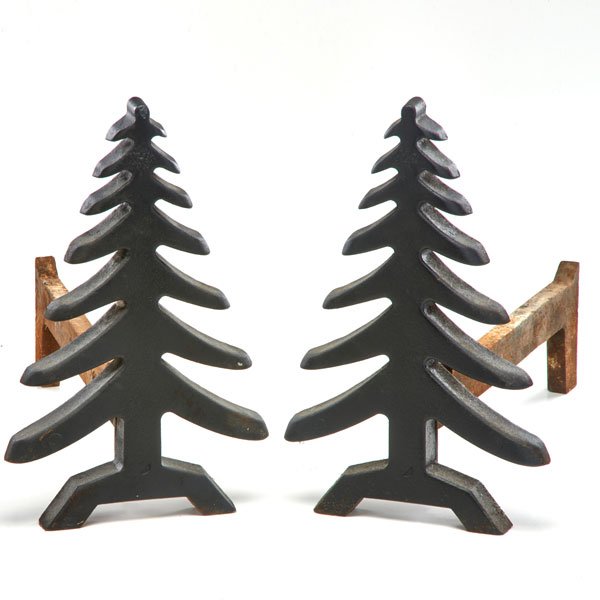 ARTS AND CRAFTS: Pair of figural fir tree andirons, USA, ca. 1940s; Cast iron; Both marked HOME PRODUCTS CO.;Each: 15" x 9" x 18"