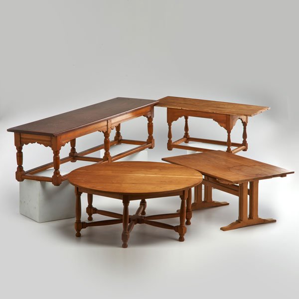 PETER HANSEN; L & J.G. STICKLEY: Four table models of original Hansen designs for the "Cherry Valley Collection," Fayetteville, NY, 1920s; Two marked; Round table: 7 1/2" x 18 1/4"; Provenance: Descended through the family.