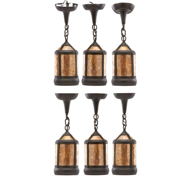 MICA LAMP CO.: Set of six lantern-shaped sconces, Glendale, CA, 1990s; Patinated copper and mica; All marked; 17" x 5" dia.