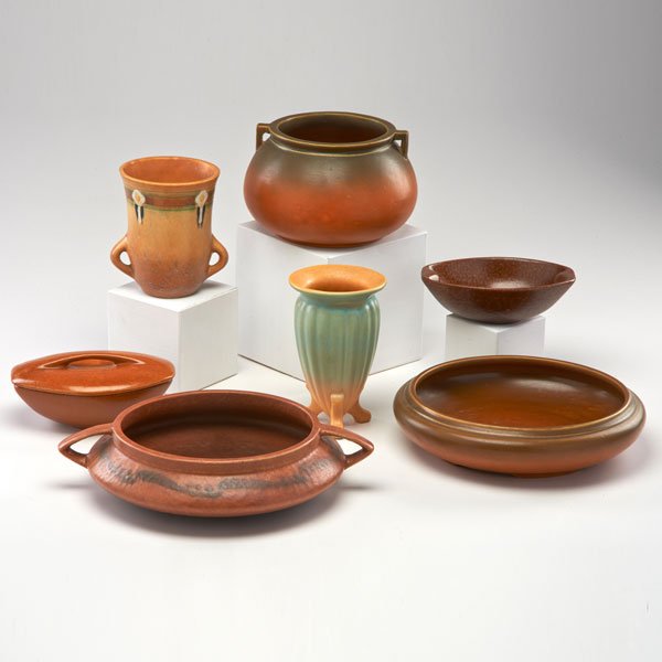 ROSEVILLE: Montacello vase; Florane low bowl and bulbous vase; Windsor low bowl; Lombardy cabinet vase; Two Raymor dishes, Zanesville, OH, 1920s-1952; Some marked; Largest: 2 3/4" x 10" dia.