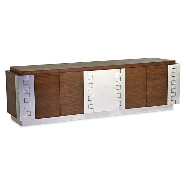 JAMIE HERZLINGER: Highline cabinet, New York, 2000s; Rift cut oak, stainless steel veneer; Unmarked; 30" x 100" x 25"