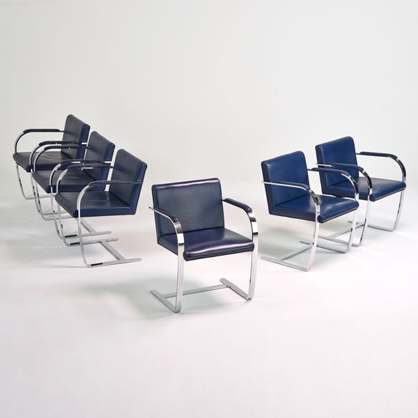 BRUETON: Set of six Brno-style armchairs, Freeport, NY, 1980s; Chromed steel, leather; Unmarked; 30" x 23 1/2" x 23"