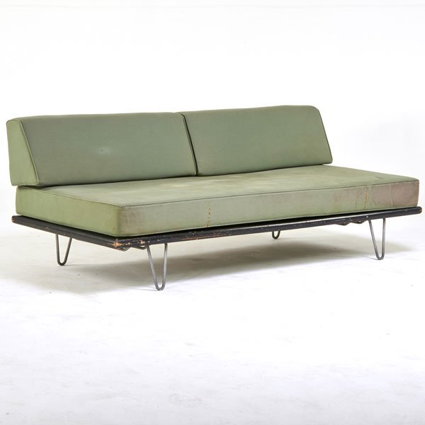 GEORGE NELSON; HERMAN MILLER: Daybed, Zeeland, MI, 1950s; Painted wood, zinc plated metal, twill upholstery; Unmarked; 27 1/2" x 75" x 33"