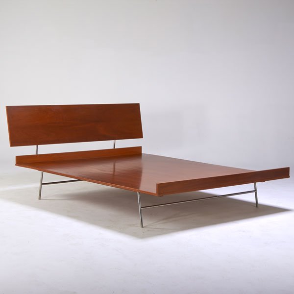 AFTER GEORGE NELSON: Thin Edge-style queen sized bed, USA, 1980s; Cherry veneer, chromed steel; Unmarked; 34 1/2" x 66" x 85"