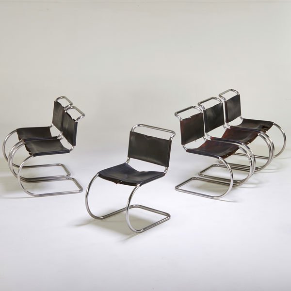 MIES VAN DER ROHE; KNOLL: Set of six MR chairs, USA, 1970s; Stainless steel, saddle leather; Unmarked; 32" x 19" x 28"