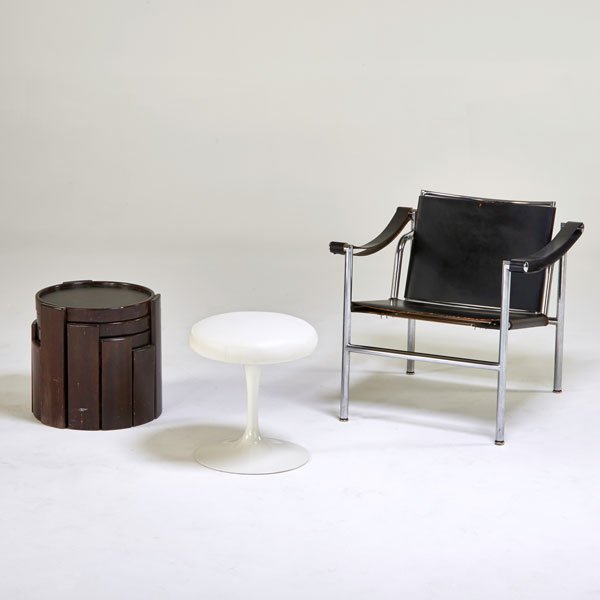 GIANFRANCO FRATTINI; EERO SAARINEN; LE CORBUSIER: Nesting tables, Tulip stool, Basculant chair, 1960s-70s; Stained wool, laminate, painted metal, leather, chromed steel; Nesting tables and stool have manufacturer marks; Chair: 25 1/2" x 25" x 25"