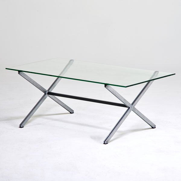 FLORENCE KNOLL; KNOLL ASSOCIATES: Parallel Bar coffee table, New York, 1950s; Chromed and enameled steel, glass; Unmarked; 17" x 42" x 24 1/2"