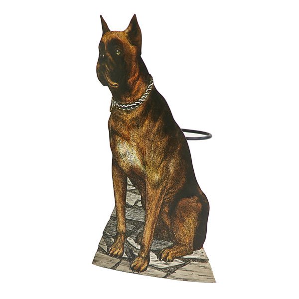 PIERO FORNASETTI: Umbrella stand in the form of a Boxer dog, Milan, ca. 1990s; Enameled metal; Foil label; 31 1/2" x 18" x 6"