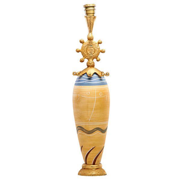 PIERRE CASENOVE; FONDICA: Table lamp, France, 1990s; Painted ceramic, gilt metal, single socket; Signed; To socket: 24 3/4" x 6"