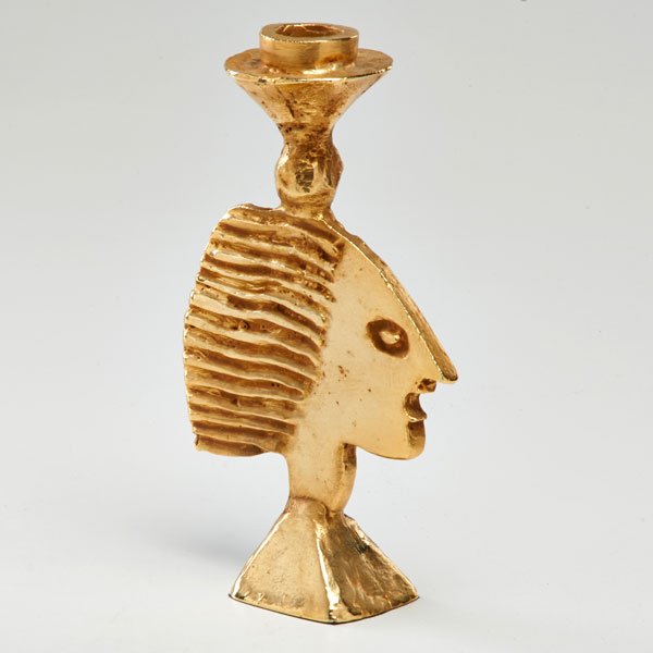 PIERRE CASENOVE; FONDICA: Candlestick with stylized female face, France, 1990; Gilt metal; Marked Casenove Fondica France 90; 8" x 5" x 2"