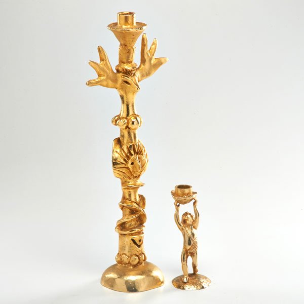 PIERRE CASENOVE; FONDICA: Two candlesticks, totem and Cupid, France, 1990s; Gilt metal; Marked Casenove Fondica France and Casenove; Taller: 18" x 7"