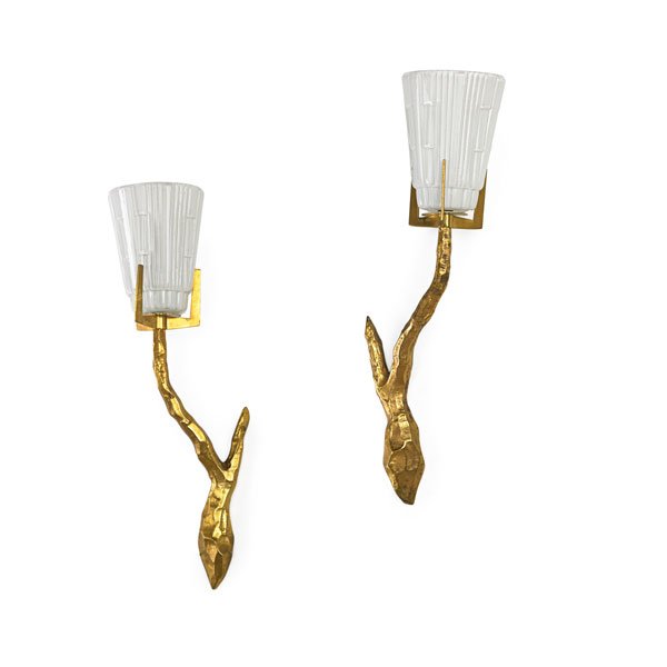 STYLE OF FELIX AGOSTINI: Pair of sconces, France; Gilt bronze, glass shades, single sockets; Both numbered 1541; 14 3/4" x 5 1/2"