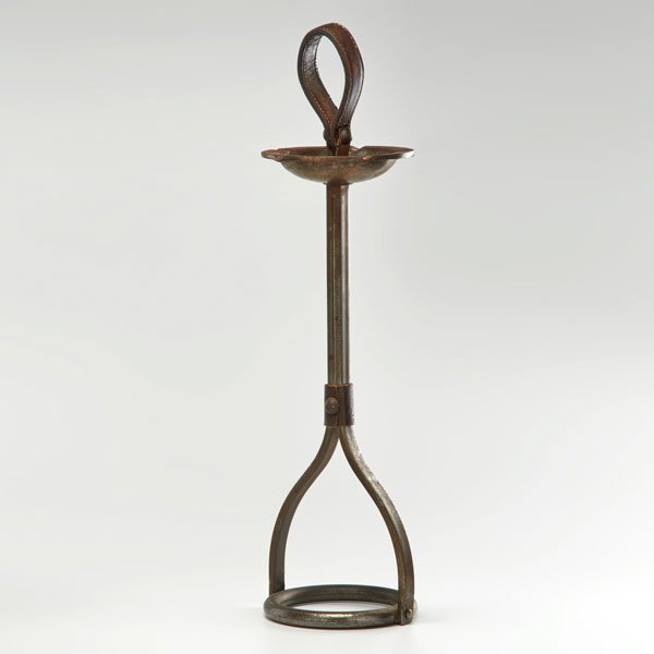 JACQUES ADNET, ATTR.: Standing ashtray with iron stand and leather loop, France, ca. 1940s; 27" x 7" dia.