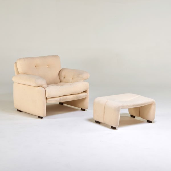 VICO MAGISTRETTI; CASSINA: Lounge chair and ottoman, Italy, 1970s; Nubby wool, plastic; Unmarked; Lounge chair: 30" x 38 1/2" x 35", ottoman: 12 1/2" x 27" x 19 1/2"