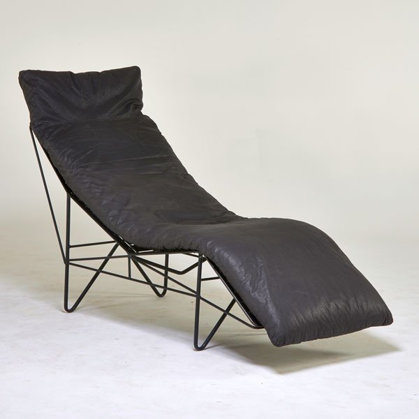 PAOLO PASSERINI: Chaise lounge, Italy, 1980s; Chromed steel, textured upholstery; As shown: 41" x 66" x 26"