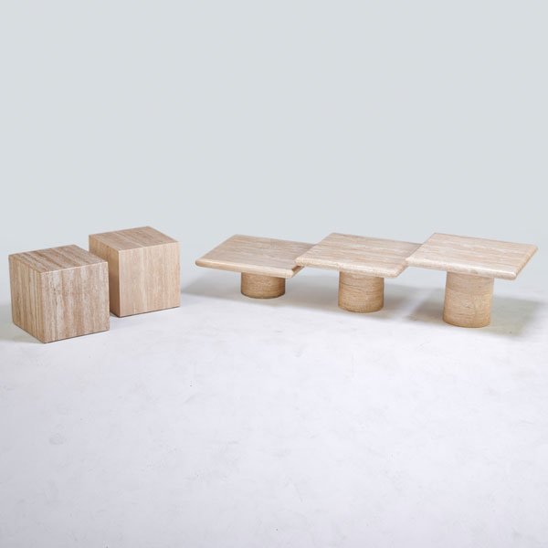 ITALIAN: Travertine tables: three-part coffee table and pair of side tables, 1970s; Unmarked; Side tables: 14" cu., tallest coffee table: 15" x 21 1/2" sq.