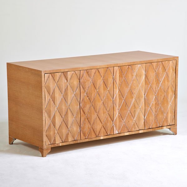 JAMIE HERZLINGER: Fifth Avenue four-door cabinet with finished back, New York, 2000s; Cerused oak; Unmarked; 30" x 60" x 24"