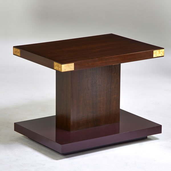 JAMIE HERZLINGER: Bowery pedestal table, New York, 2000s; Walnut, brass, lacquer; Metal tag; 28 1/4" x 36" x 26"