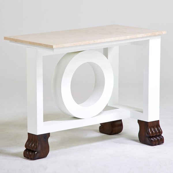JAMIE HERZLINGER: Broadway console table, New York, 2000s; Lacquered wood, walnut, crema marfil top; Metal tag; 30" x 38" x 20"