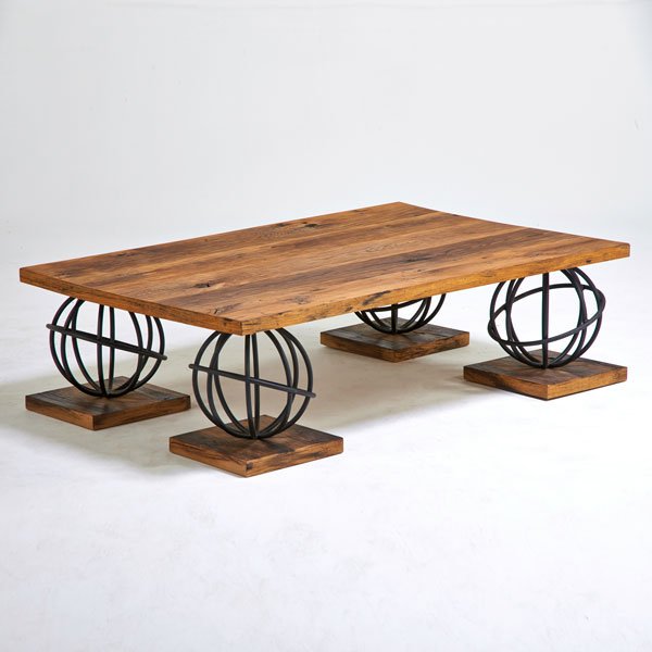 JAMIE HERZLINGER: Plaza coffee table, New York, 2000s; Reclaimed railroad ties, wrought-iron; Unmarked; 15 1/2" x 54 1/2" x 36"