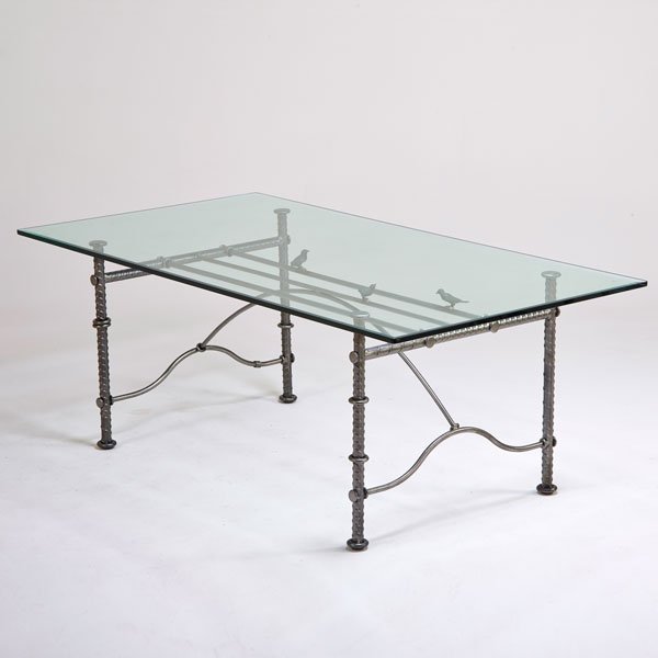 ILANA GOOR: Dining table, 1990s; Patinated steel, bronze, glass; Signed; 30" x 82" 42"