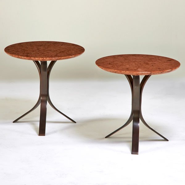 STYLE OF CEDRIC HARTMAN: Pair of side tables, USA, 1980s; Patinated metal, marble; Unmarked; 19 1/2" x 19 3/4" dia.