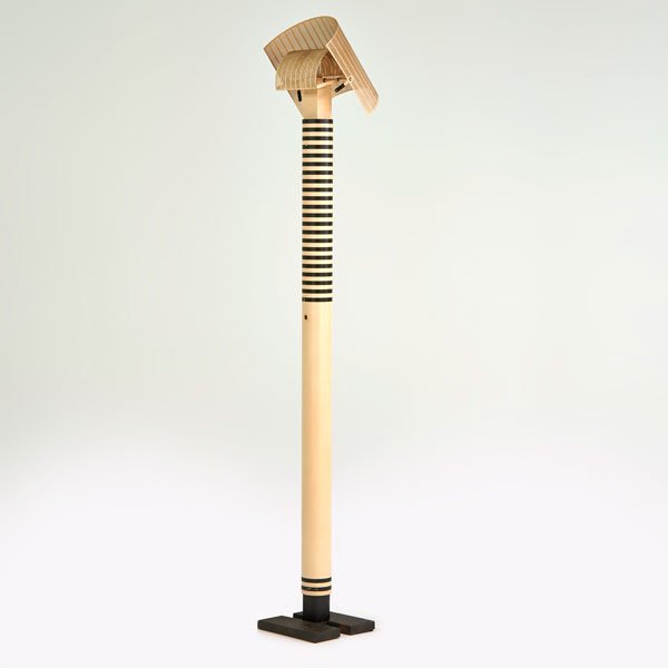 MARIO BOTTA; ARTEMIDE: Shogun" floor lamp, Italy, ca. 1980; Openworked sheet metal double lampshade on lacquered cylindrical pole with black stripes and a rectangular base; Molded marked; 83 1/2" x 13