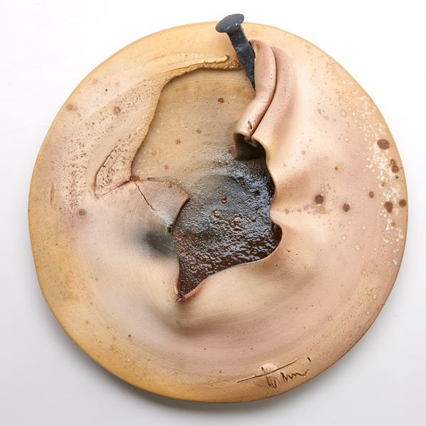 NEIL TETKOWSKI: Large round vessel with folded rim, New York, 1999; Signed and dated; Overall: 5" x 16" dia.