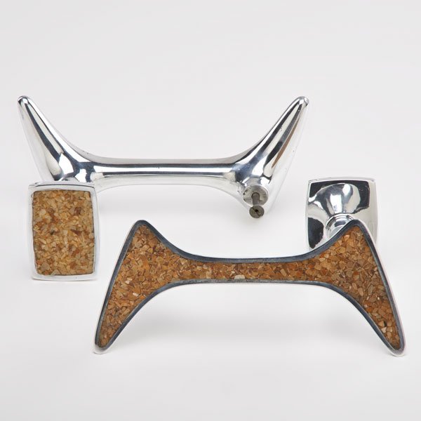 WILLIAM CODY; LEMURIAN FELLOWSHIP: Pair of sculptural door pulls, CA, ca. 1950s; Chromed steel, stone, resin; Unmarked;