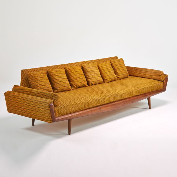 ADRIAN PEARSALL; KRAFT ASSOCIATES: Long, low sofa, Wilkes Barre, PA, 1960s; Walnut and upholstery; 30" x 112" x 33"