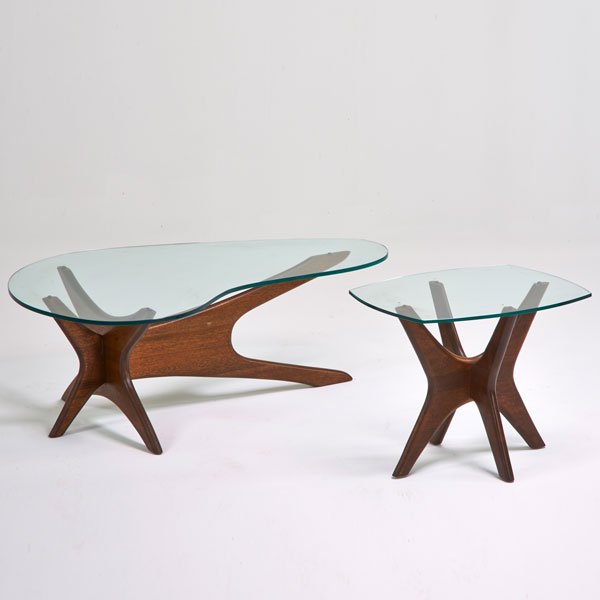 ADRIAN PEARSALL: KRAFT ASSOCIATES: Coffee and side tables, Wilkes Barre, PA, 1960s; Sculpted walnut, glass; Unmarked; Coffee table: 16 3/4" x 46" x 33 1/2" Side table: 19 1/2" x 23 1/2" x 20"
