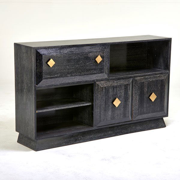 SELIG: Bar cabinet, USA, 1950s; Cerused oak, brass; Unmarked; 41 1/2" x 72" x 17 1/2"